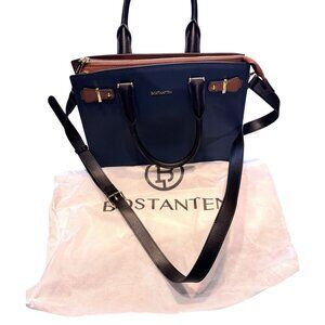 Bostanten Navy Blue Leather Tote Handbag Gold Hardware Adjustable Strap